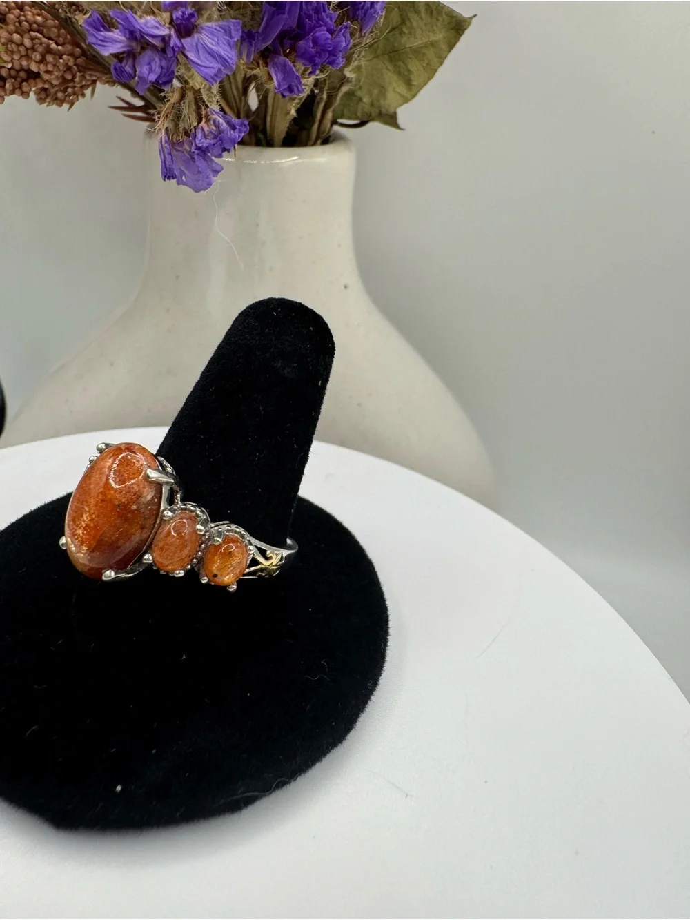 Sunstone Cabochon Multi-Stone Sterling Silver Cocktail Ring (Size 9)